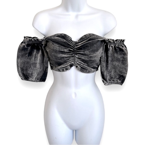 High quality Denim Ruched Short sleeved Bandeau Top - Picture 5 of 15